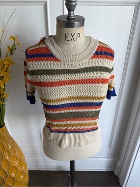 Freestyle NWT Striped Knit Short Sleeve Top in Cream, Orange, Blue, Olive